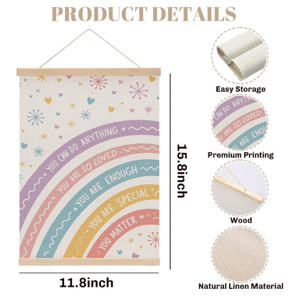 2PCS Nursery Girls Kids Room Poster Hanger, Boho Rainbow Flag Banner Nursery Wall Art Hanging Banner With Wooden Frames for Classroom Girls Playroom Bedroom Toddler Room Decor 15.8x11.8 Inch