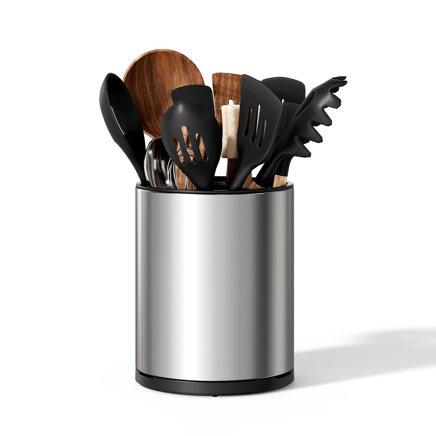 TODAYGO Utensil Holder For Kitchen Counter, Large 360°Rotating Stainless Steel Utensil Crock with 3 Compartment, Drainage Non-Slip