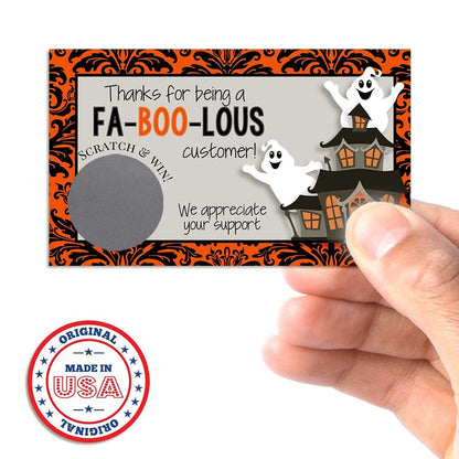 Amanda Creation Funny Fabulous Customer Halloween Ghost Scratch & Win Customer Appreciation Package Inserts for Small Businesses, 20 2" X 3.5” Single Sided Insert Cards with Scratch Off Stickers
