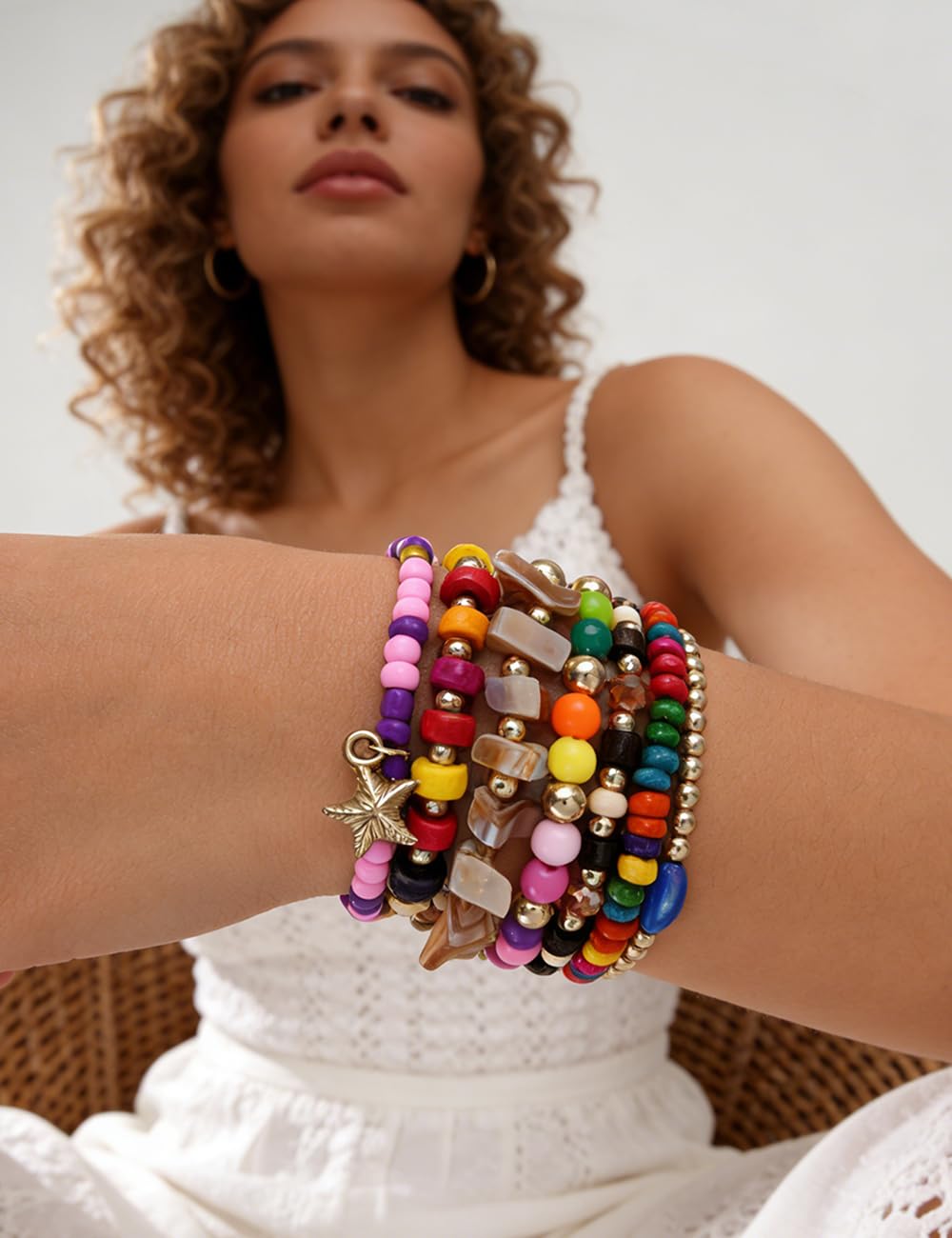 iF YOU 12 Pcs Boho Beaded Bracelets for Women, Brown Orange Bohemian Stackable Gold Bead Stretch Bracelets Stack Jewelry Gift (Colorful beaded bracelets)