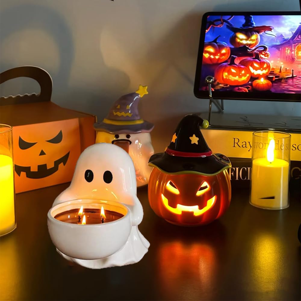 FACIOWN Halloween Ghost Candlestick, Ceramic Tea Light Holder for Scented Candles, Doubles As Candy Dish, Cute Halloween Party Decor.