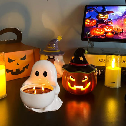 FACIOWN Halloween Ghost Candlestick, Ceramic Tea Light Holder for Scented Candles, Doubles As Candy Dish, Cute Halloween Party Decor.