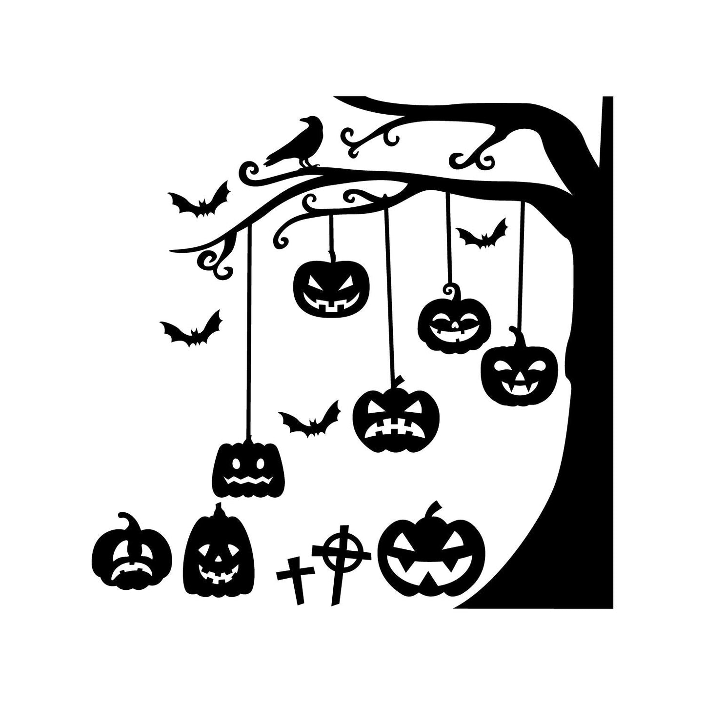Halloween Wall Decals - Graveyard Tree & Pumpkin Vinyl Sticker - Removable Wall Decal Peel and Stick Indoor Outdoor Halloween Decorations for Home, Office, School, Doors and Windows - Black