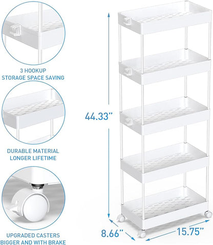 SPACEKEEPER 5-Tier Storage Cart Organizer Rolling Utility Cart, Mobile Shelving Unit Slide Out Storage Shelves for Kitchen Living Room Bathroom Laundry Room & Dressers, White
