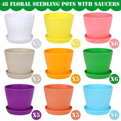 Hahood 48 Pack Plastic Planters 4 Inch Flower Plant Pots Indoor Set Thickened Seedling Nursery Pots Seed Starting Pots with Drainage Holes Saucers, Mini Garden Tools for Home Office Garden, Multicolor