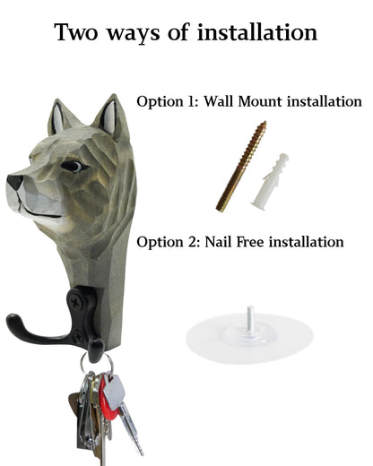 UNIORNA 2PCS Wooden Animal-Shaped Decorative Wall Hooks Wall Mounted Hanger for Clothes Towel Coat Hat Brush Keys Belts Décoration Gift Present Wolf