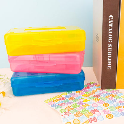 Blue Large Plastic Pencil Box 3 Pack with Aesthetic Design and Hard Case, Comes with Stickers in Pink and Clear Colors