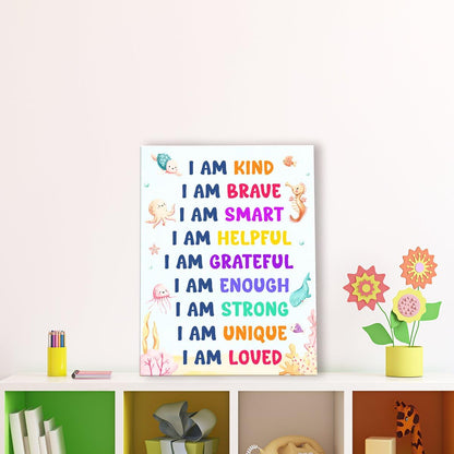 OTINGQD Positive Affirmations Wall Decor for Kids,I Am Kind Smart Canvas Wall Art,Nursery Marine Animal Wall Art,Inspirational Wall Decor for Kids Room Classroom Nursery