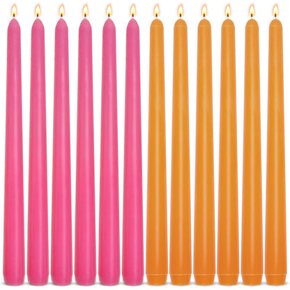 6-Pack Orange and 6-Pack Hot Pink Taper Candles, 10 Inch Unscented Dripless Candlesticks, Long-Lasting Burn Time of 7-8 Hours, Perfect for Home Décor Dinner Party