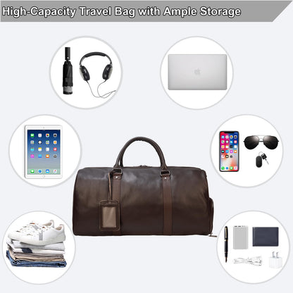 Yevabo Genuine Leather Duffel Bag for Men & Women, Cabin Friendly Carry-On Weekender Bag for Gym Travel Overnight Trips, Brown