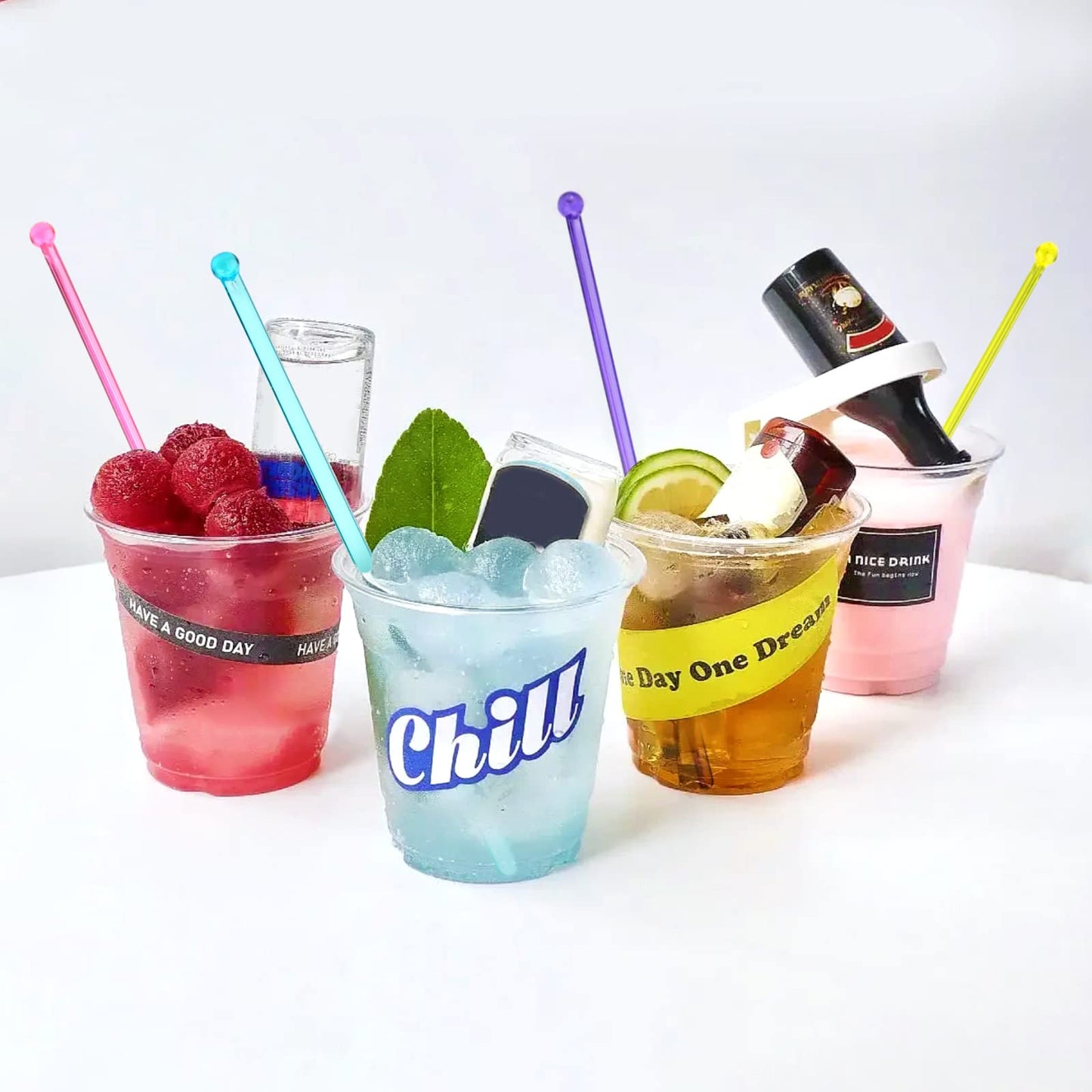 hapray 100-PCS 5 Color Plastic Swizzle Sticks, Crystal Cake Pops, Cocktail Coffee Drink Stirrers, Stir Sticks, 7.24 Inch (Pink, Yellow, Blue, Purple, Green)