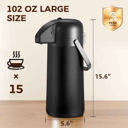 Coffee Carafe for Keeping Hot - Gezoss 102OZ / 3L Airpot Coffee Dispenser with Pump - Large Coffee Carafe for Hot Drinks Tea Liquid - Insulated Stainless Steel Hot Water Beverage for Parties,Black