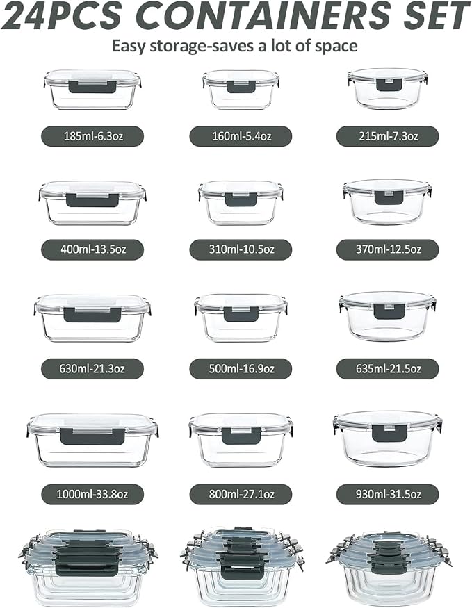 VERONES 12 Packs Glass Food Storage Containers Set, Airtight Glass Lunch Containers, Glass Meal Prep Containers with Lids,Exclusive of BPA, for Microwave, Oven, Freezer & Dishwasher Friendly,Grey