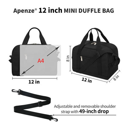 Apenze Small Gym Bag Carry On Bag - 12 in Mini Duffle Bag Lightweight for Overnight Travel（Black）