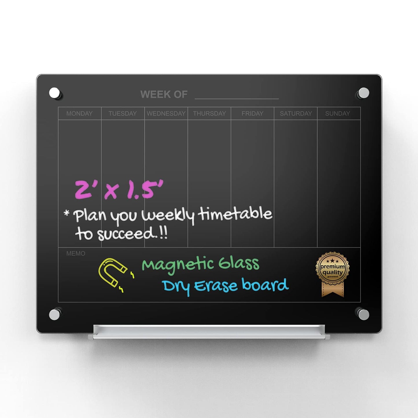 Audio-Visual Direct Magnetic Black 7 Day Calendar Glass Dry-Erase Board Set - 2' x 1.5' - for Wall - Weekly Planner