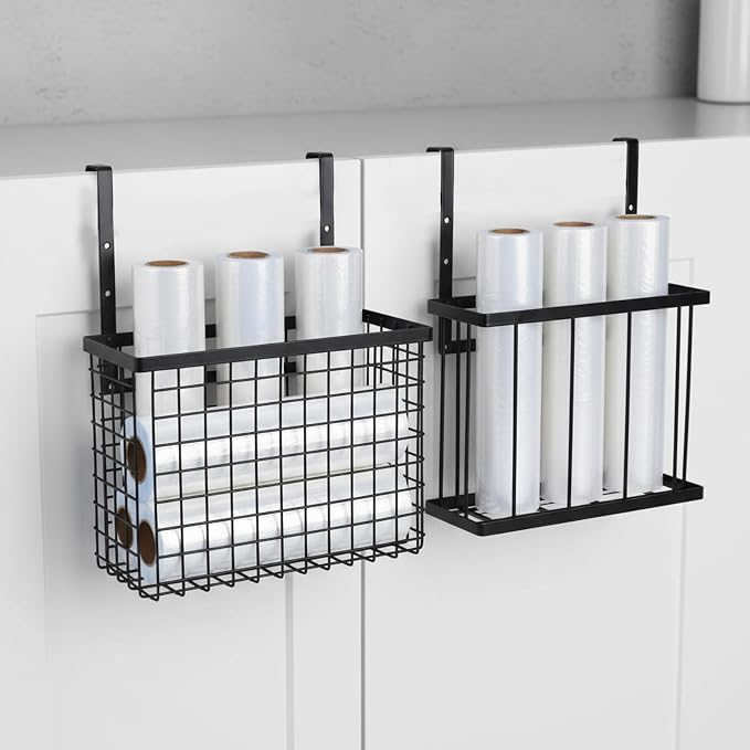 2 Pack Aluminum Foil and Plastic Wrap Organizer, Height Adjustable Kitchen Cabinet Door Organizer, Pantry Organizers, Wall Mounted Wrapping Paper Holder for Sandwich, Freezer, Ziplock Bag