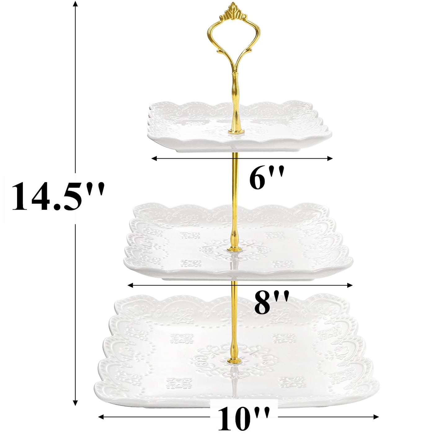 Tebery 2 Pack 3-Tier White Ceramic Embossed Dessert Cake Tower Stand with Gold Carry Handle, Cupcake Stand Serving Trays, Porcelain Party Food Server Display Holder