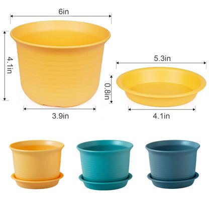 Hayder 6 Inch Plant Pots, 6 Pack Thick Plastic Flower Pots for Plants Indoor Outdoor, Planters with Drainage Holes and Saucers, Mix Color