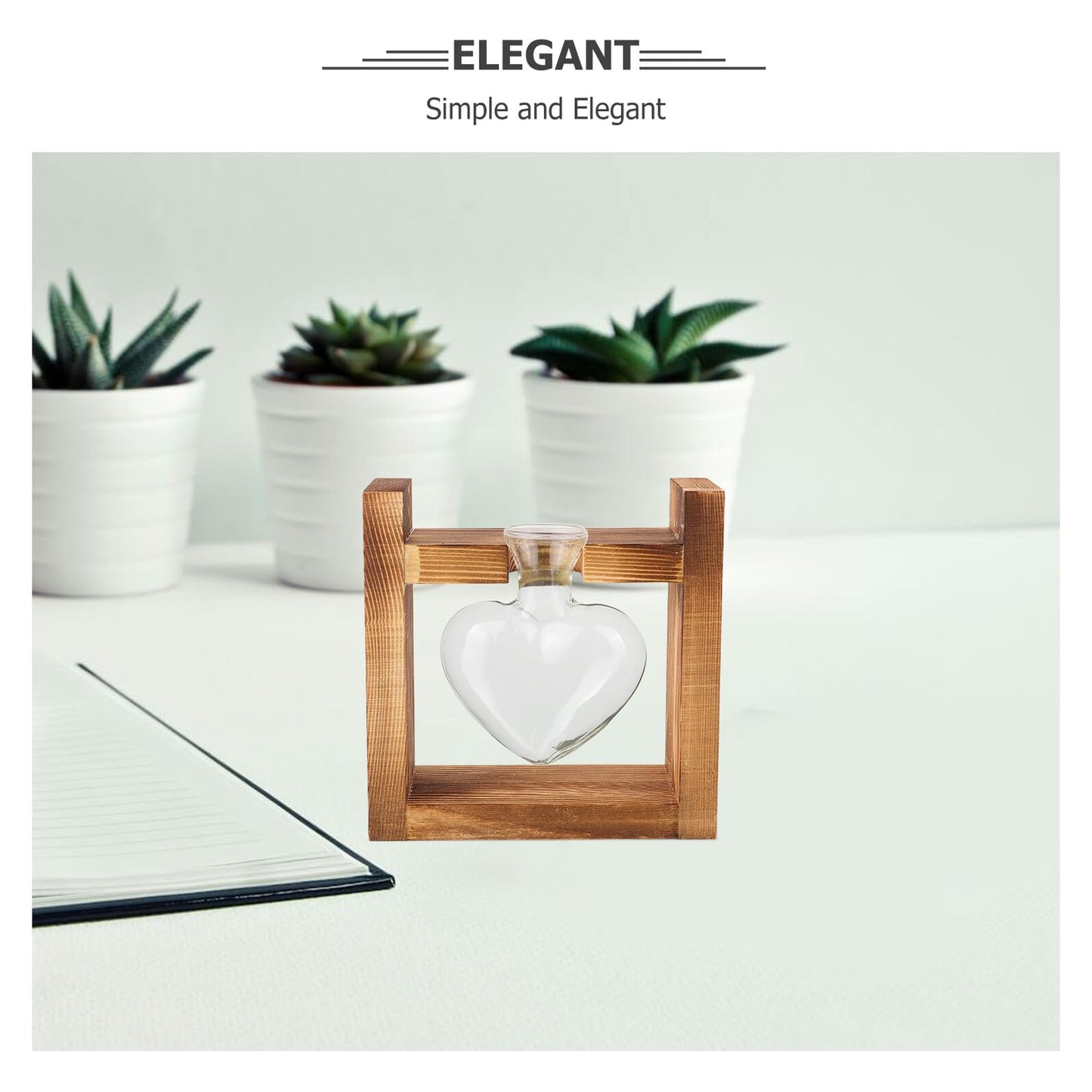 BESPORTBLE Wooden Frame Hydroponic Vase with Bulb Glass for Desktop Propagation Station, Heart-Shaped Terrarium Planter for Home Office Plant Display