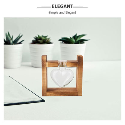 BESPORTBLE Wooden Frame Hydroponic Vase with Bulb Glass for Desktop Propagation Station, Heart-Shaped Terrarium Planter for Home Office Plant Display