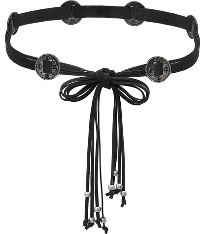 Buywis Women Knotted Waist Belt Bohemian Style Tassel Belt Vintage PU Leather Belts for Dresses Black Fit Waist 27.6"-39.4"