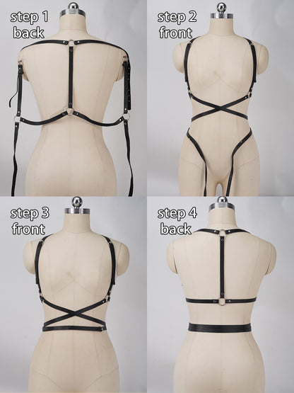 WARANDOD Leather Harness for Women Fashion Goth Chest Pu Black Harness Top Body Punk Belt Adjustable Waist Belts Rave Cosplay Halloween Accessories(Fits Waist 25-30in)