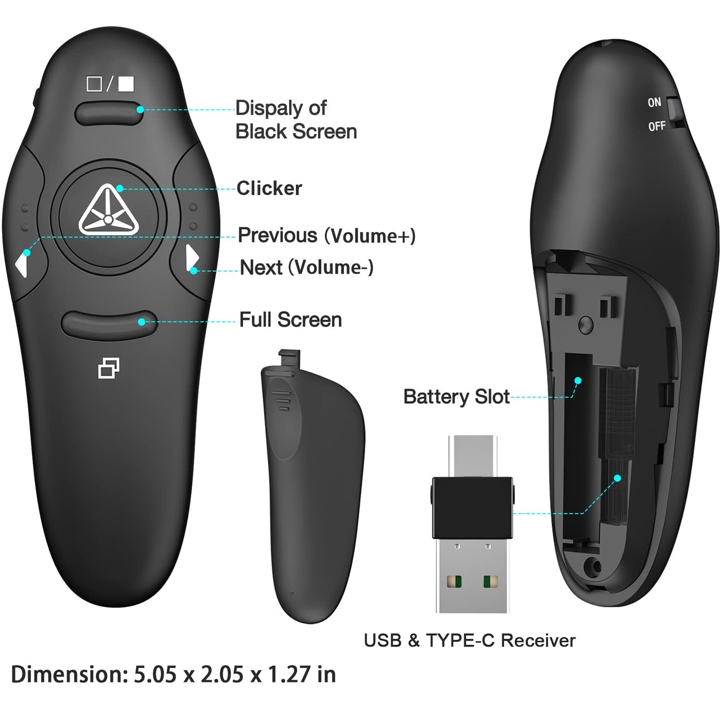 2-in-1 USB Type C Presentation Clicker Wireless Presenter Remote Clicker for PowerPoint Presentations with Clicker, RF 2.4GHz USB C PowerPoint Clicker Slide Advancer for Computer/Mac/Laptop