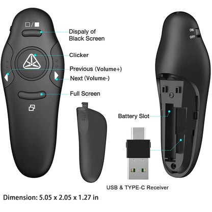 2-in-1 USB Type C Presentation Clicker Wireless Presenter Remote Clicker for PowerPoint Presentations with Clicker, RF 2.4GHz USB C PowerPoint Clicker Slide Advancer for Computer/Mac/Laptop