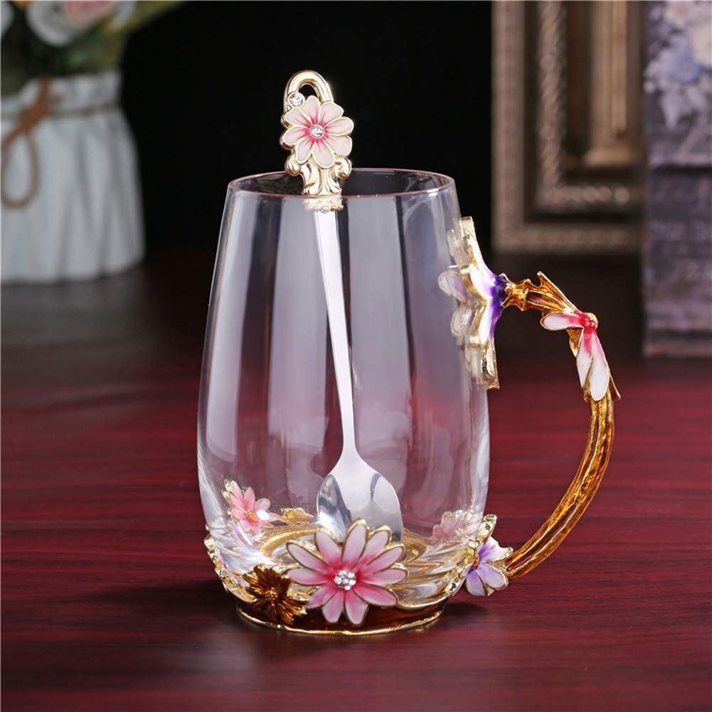 Luka Tech Enamel flower Lead-free Glass Coffee Mugs Tea Cup with Steel Spoon, Best Birthday Gifts For Women Wife Mom Friends Mothers Valentines Day Christmas