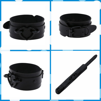 Tosmifairy 3Pcs Leather Choker Collar Set,Heart Necklace + Wide Wrist Bracelets Combo Punk Gothic Cosplay Jewelry Gift for Women,Black-All