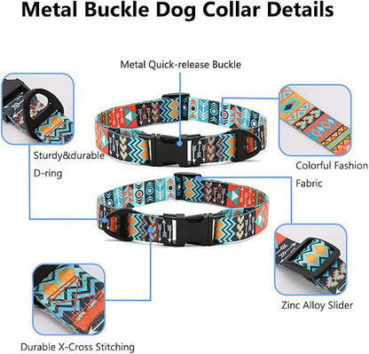 Dog Collar and Leash Set for Dogs Walking Bohemia Ethnic Style | Soft Durable Nylon Adjustable Collar with Metal Buckle and 4ft Padded Handle Matching Leash for Small Medium Large Dogs