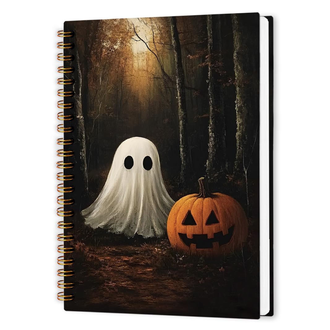 nvucamd Vintage Halloween Spiral Notebook, Witchy Fall Ghost Pumpkin Journal Notebook, Gothic Ghost Gifts Journaling Notebooks for Women, Halloween Gifts Office Supplies, 5.5x8.3 Inch