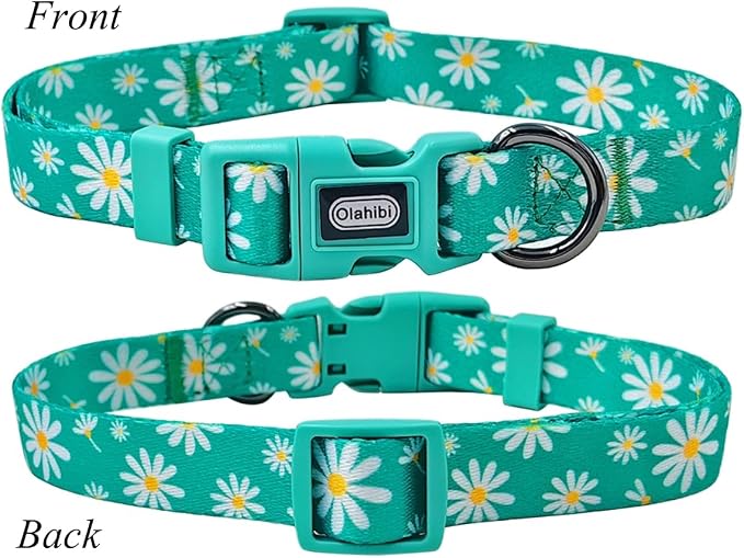 Dog Collar Leash Set, Floral Pattern, Polyester Material, Adjustable Collar and 5ft Matching Leash, for Large Dogs.(L, Green Daisy)