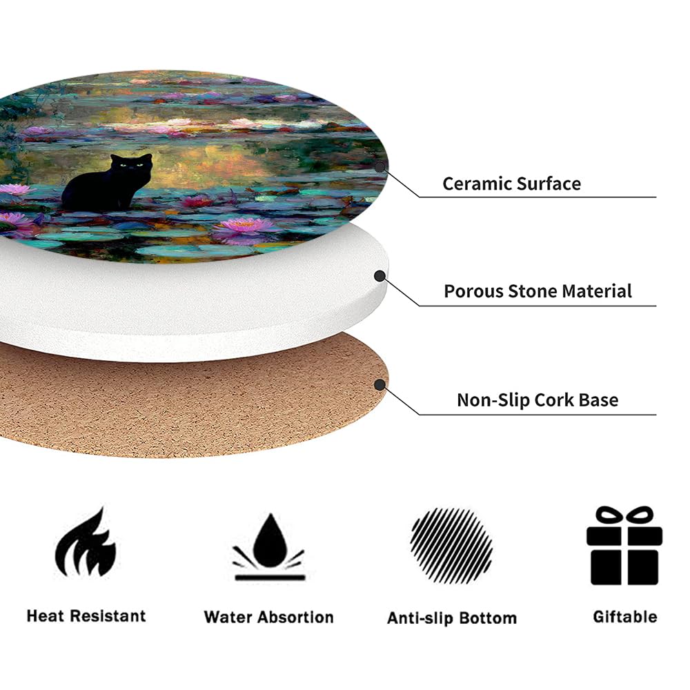 Drink Coasters for Drinks Set of 6, Water Lilies Art and Black Cat Absorbent Round Ceramic Stone Mat Coaster, with Cork Base and Metal Holder, Home Bar Decor House Warming Gift