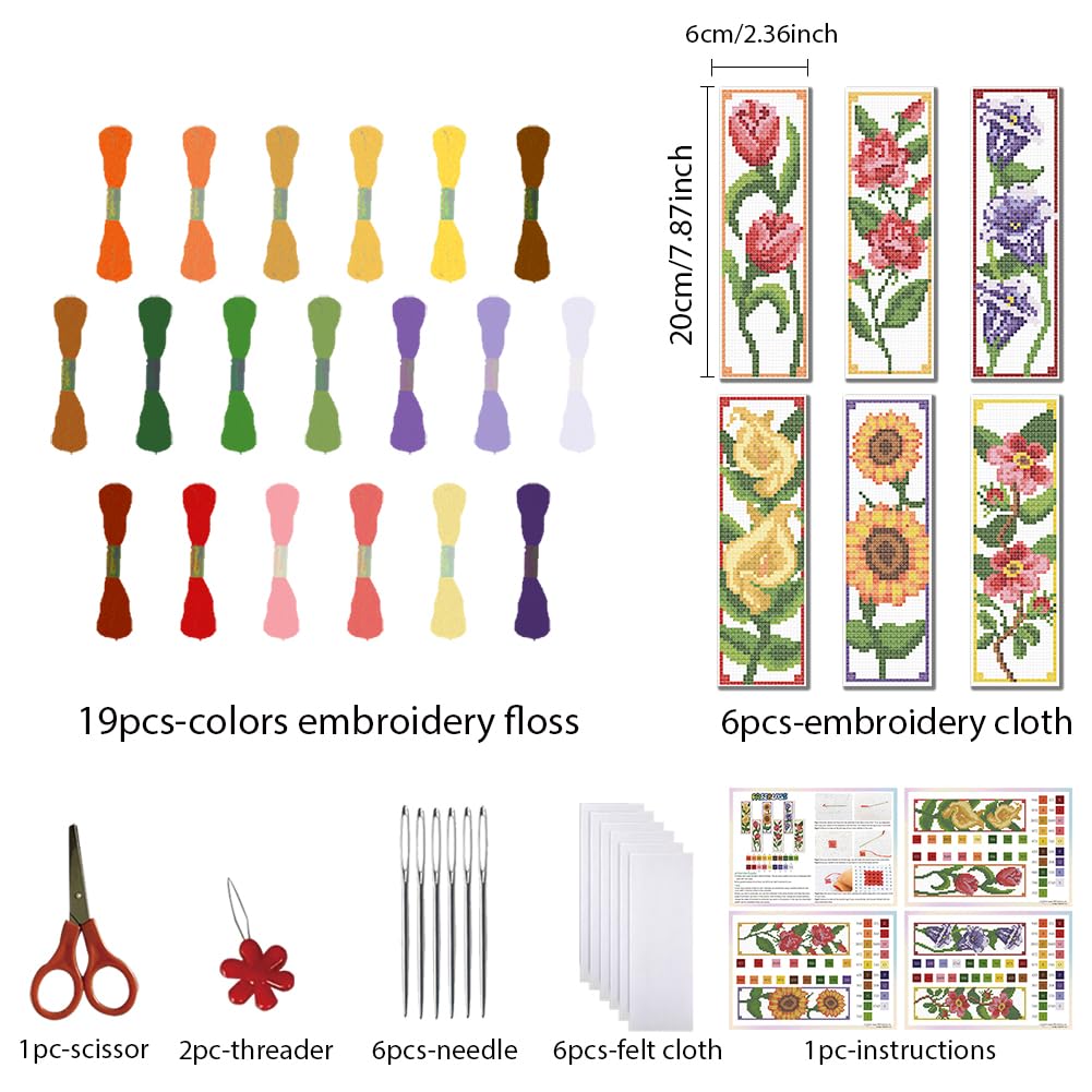FREEBLOSS 6 Set Bookmark Cross Stitch Kits Stitch Bookmark Cross Stitch Kits with Instructions 6 Flowers Pattern Embroidery Kit for Beginners Bookmark Making Kit for Gift
