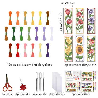 FREEBLOSS 6 Set Bookmark Cross Stitch Kits Stitch Bookmark Cross Stitch Kits with Instructions 6 Flowers Pattern Embroidery Kit for Beginners Bookmark Making Kit for Gift
