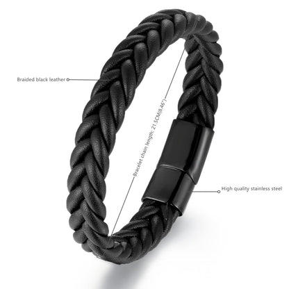 BIYONGDE Handmade Black Braided Leather Bracelet, Black Stainless Steel Clasp, Mens Cool Classic Stylish