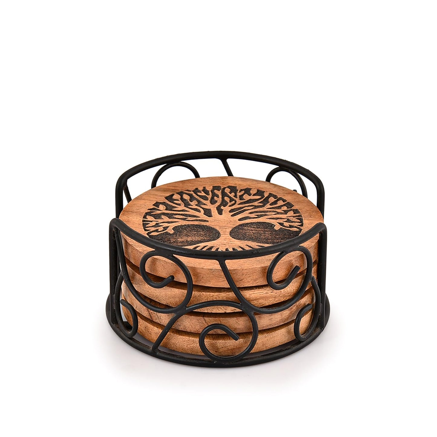 Samhita Tree of Life Wooden Coaster Set with Iron Holder – Acacia Wood & Iron Drink Coasters, Set of 4, Decorative Table Coasters for Home & Office Décor