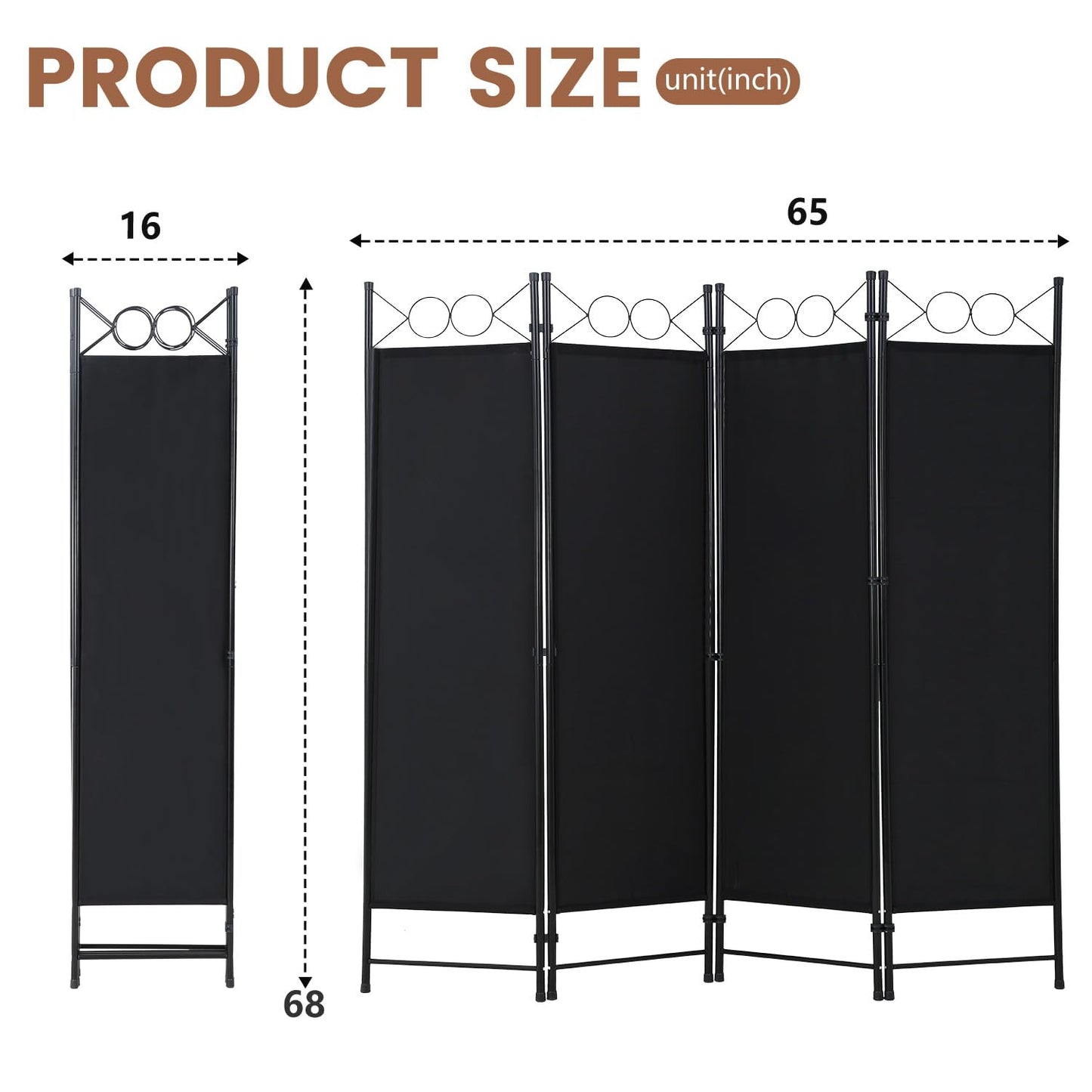 FDW 4 Panel Room Divider, 6FT Folding Privacy Screen Freestanding Partition Wall, Portable Room Separator for Dorm Bedroom Office Studio, Durable Metal Frame & Breathable Fabric, Dark Black