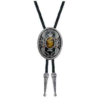YOQUCOL Vintage Indian Art Tiger Eye Stone Black Bolo Tie American Western Cowboy Leather Necktie for Men Women