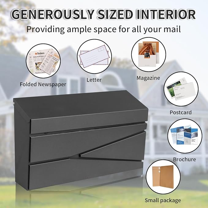 Ydocabinit Wall Mount Mailbox, Large Capacity Mailbox for House, Galvanized Steel Rust-Proof Metal Post Box Drop， Mailboxes for Outside, 15.74"×9.84"×4.33", Black Modern Sleek Style