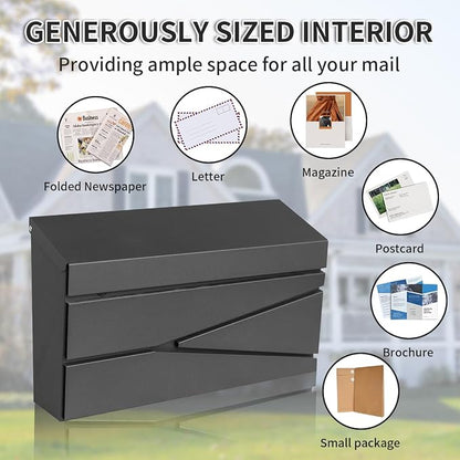 Ydocabinit Wall Mount Mailbox, Large Capacity Mailbox for House, Galvanized Steel Rust-Proof Metal Post Box Drop， Mailboxes for Outside, 15.74"×9.84"×4.33", Black Modern Sleek Style