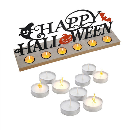 Metal Happy Halloween Sign, Tiered Tray Decor with 18pcs Tealights, Black Halloween Decorations Tea Lights Holders for Home, Office, Shelf, Mantel, Indoor, Table, Spooky Jack-o-lantern Ghost Bat Decor
