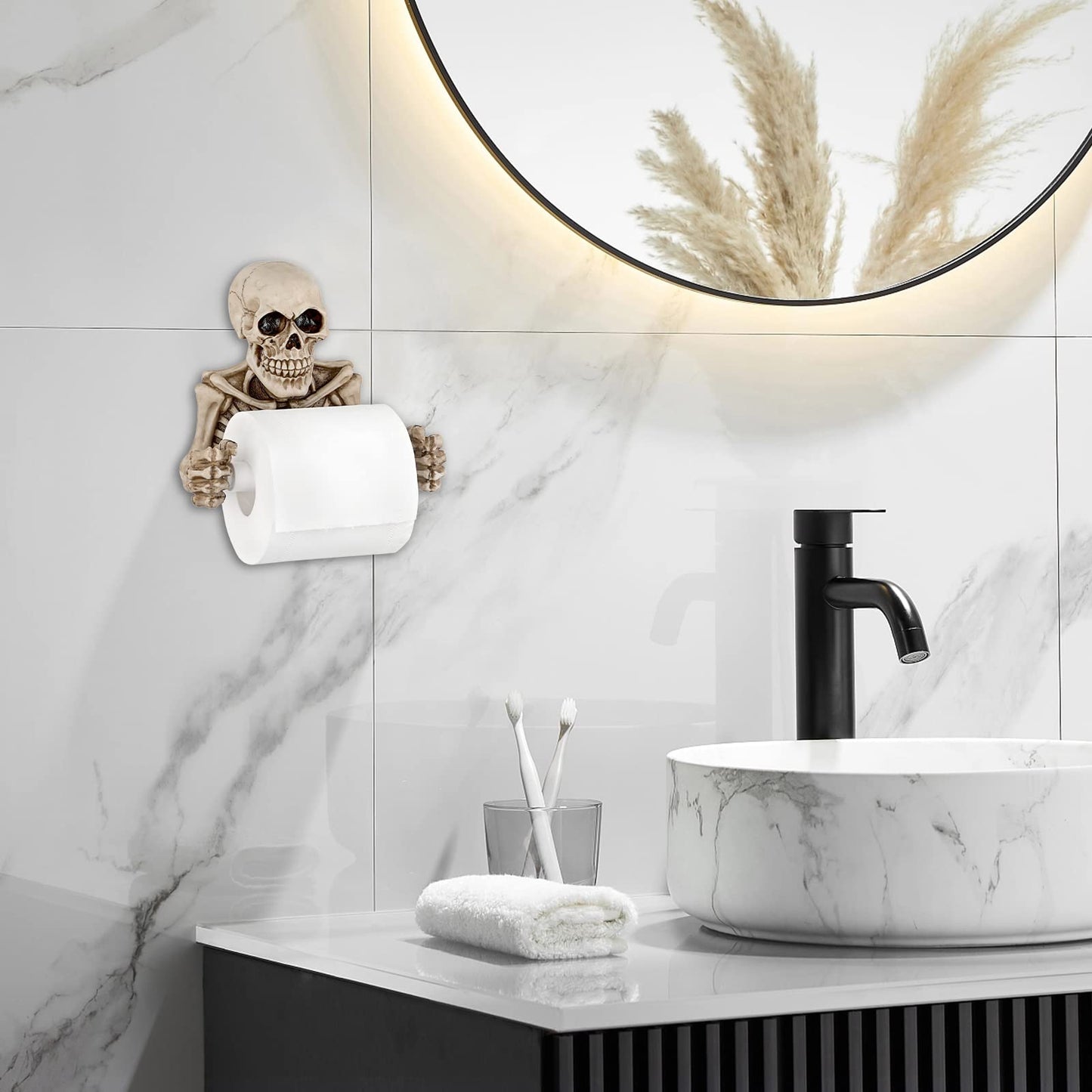 Sumnacon Skull Toilet Paper Holder, Resin Wall Mount Toilet Paper Roll Holder- Evil Skeleton Toilet Paper Holder Dispenser Wall Decoration for Halloween, Gothic, Ghost Festival