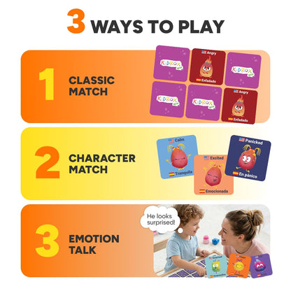 Kidrox Emotions Matching Game – Bilingual Memory Card Game in English & Spanish for Kids Ages 3+ | Learn & Mimic Emotions with Kidrox Squad | Premium Magnetic Box | 40 Tiles