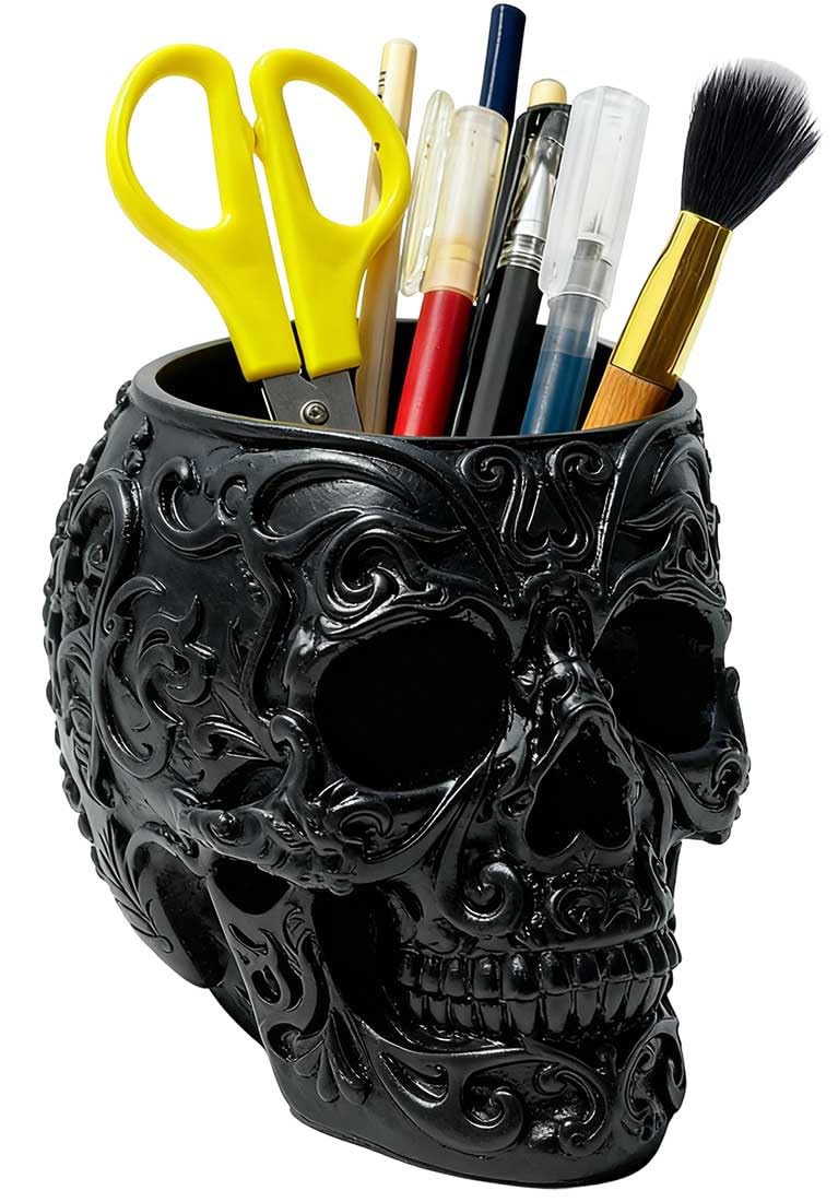 CUZOKOLA Goth Accessories Black Skull Decor for Pen Holder with Strong Resin,Skull Makeup Brush Holder for Vanity Decor,Office Organizer,Skull Planter