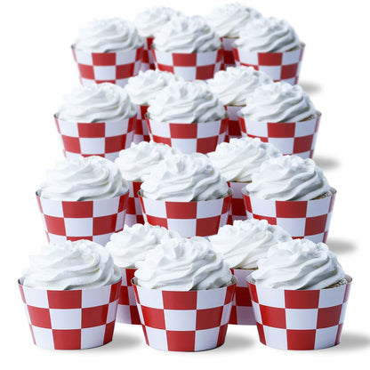 Race-Themed Checkered Cupcake Wrappers, Set of 42 - Red Checkered and Black and White Checker Pattern Cupcake Wrappers for Race Car Party Supplies by Pretty Cute Studios