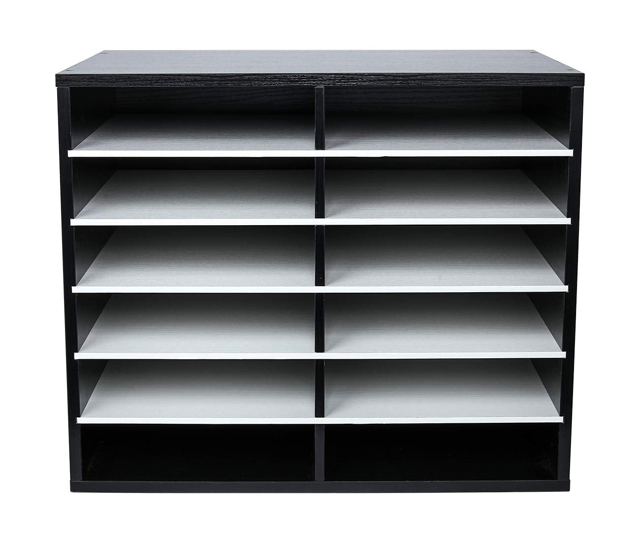 EasyPAG 12 Compartments Wooden Literature Organizer with Adjustable Shelves, 6000 Sheets Capacity Paper Organizer, Classroom Mailbox and Mail Sorter for Teachers and Office, Black/White