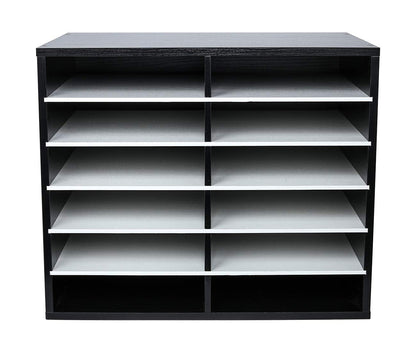 EasyPAG 12 Compartments Wooden Literature Organizer with Adjustable Shelves, 6000 Sheets Capacity Paper Organizer, Classroom Mailbox and Mail Sorter for Teachers and Office, Black/White