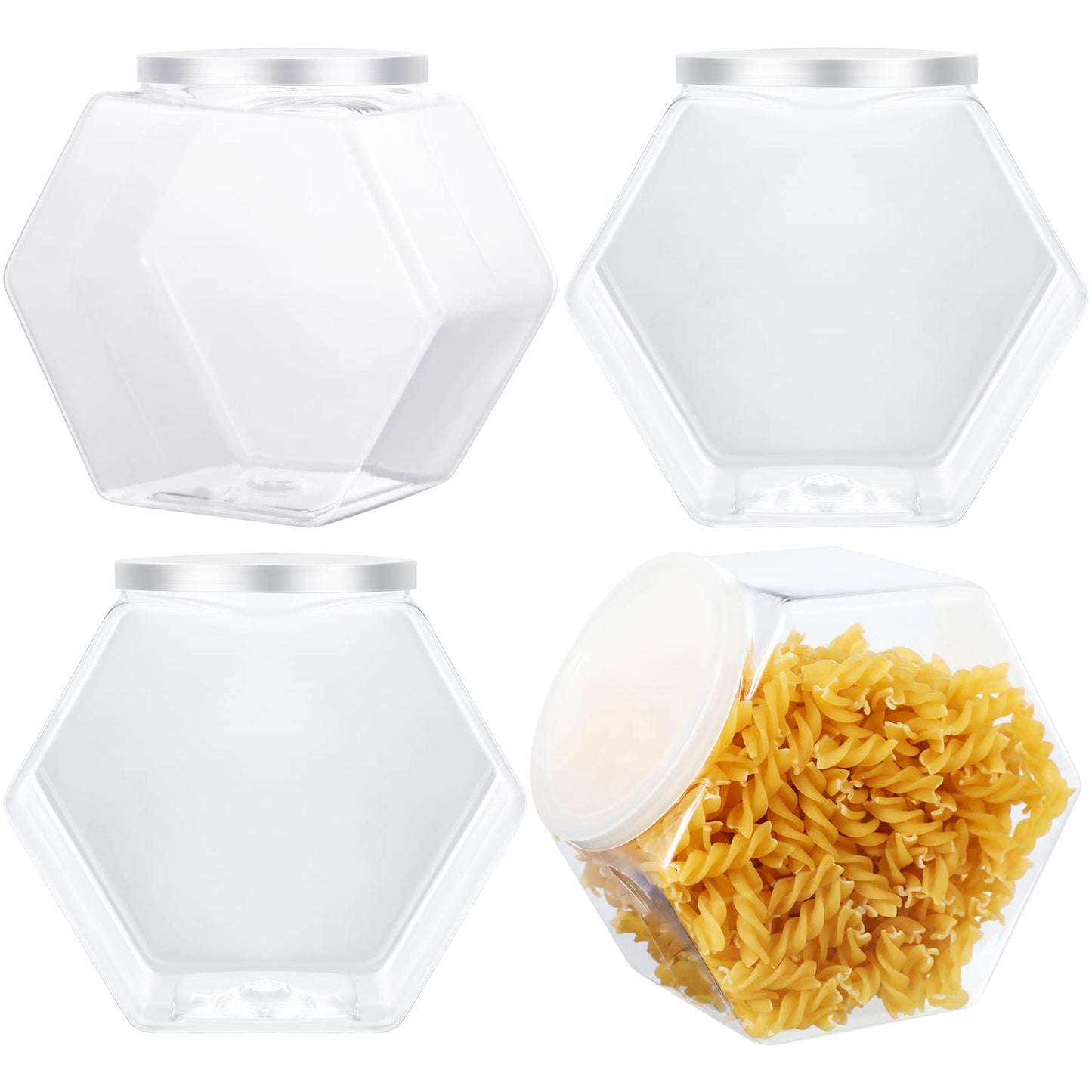 EBOOT 4 Pcs 29 oz Plastic Candy Cookie Jars for Kitchen Counter Hexagon Cookie Jar with Lid Clear Candy Containers Laundry Pod Storage Container Dry Food for Buffet Dog Treats Craft
